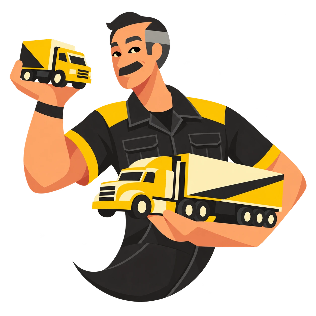 Ilustração de um técnico sorridente de uniforme preto com detalhes amarelos segurando dois caminhões
