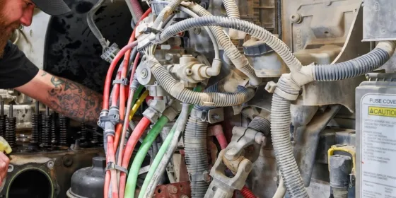 Chicote de fios e mangueiras do motor de um caminhão, em detalhe